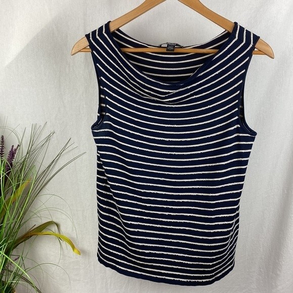 Laundry Silk Blend  Blue & White Striped Embellished Trim Sleeveless Tank Top L - Picture 2 of 7